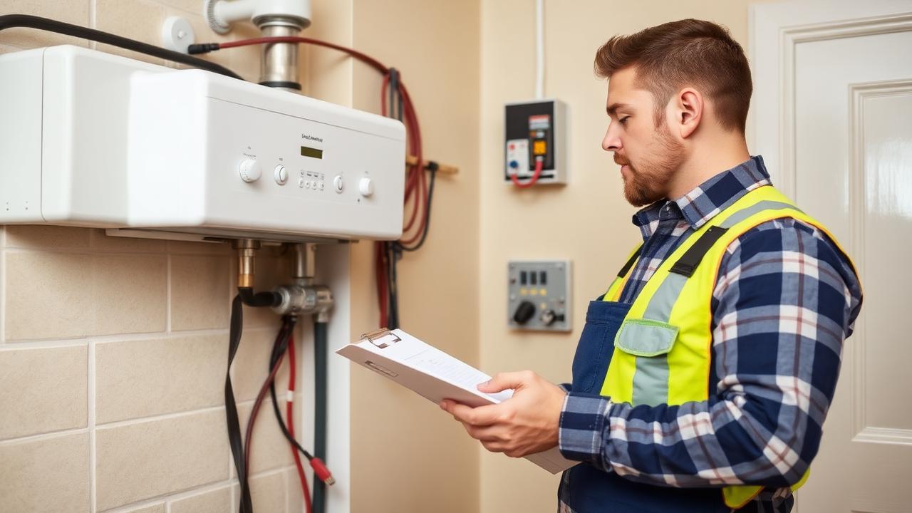 Engineer checking a boiler and electrics in a home