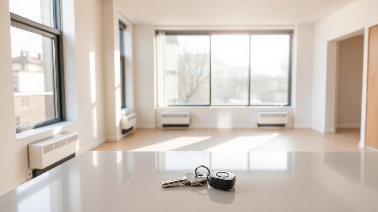 Bright empty rental apartment with keys on the counter